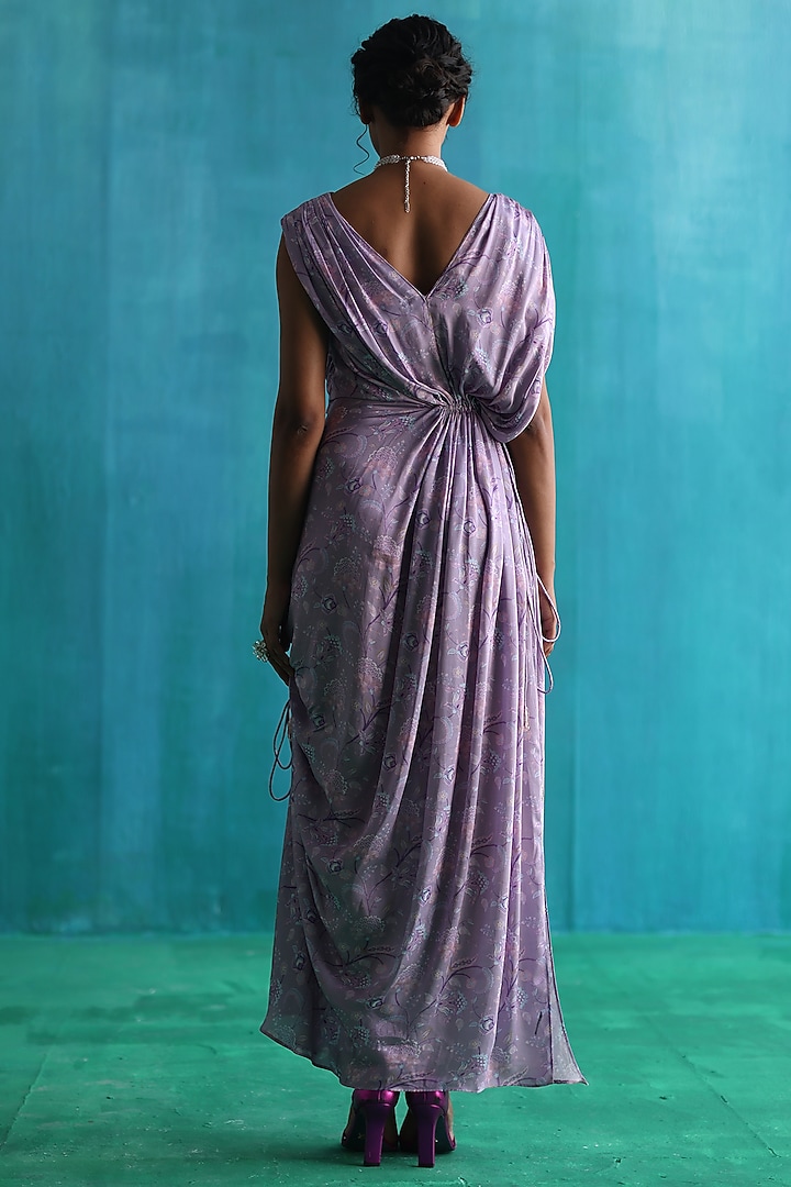 Purple Satin Printed Cowl Draped Vacation Dress by Sufna by Vanshika Gupta at Pernia's Pop Up Shop