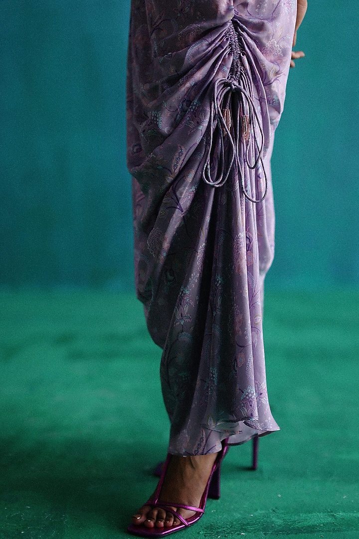 Purple Satin Printed Cowl Draped Vacation Dress by Sufna by Vanshika Gupta at Pernia's Pop Up Shop