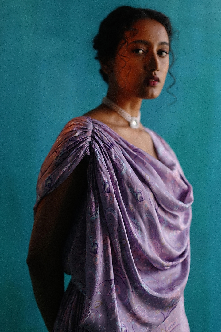 Purple Satin Printed Cowl Draped Vacation Dress by Sufna by Vanshika Gupta at Pernia's Pop Up Shop