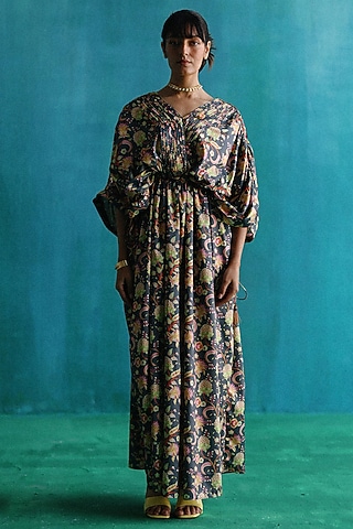 Black Poly Printed Kaftan by Sufna by Vanshika Gupta