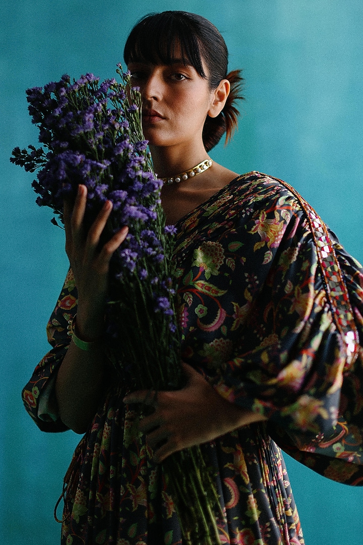 Black Poly Printed Kaftan by Sufna by Vanshika Gupta at Pernia's Pop Up Shop