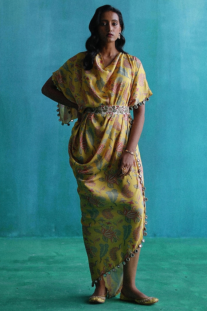 Yellow Satin Printed Cowl Dress With Belt by Sufna by Vanshika Gupta