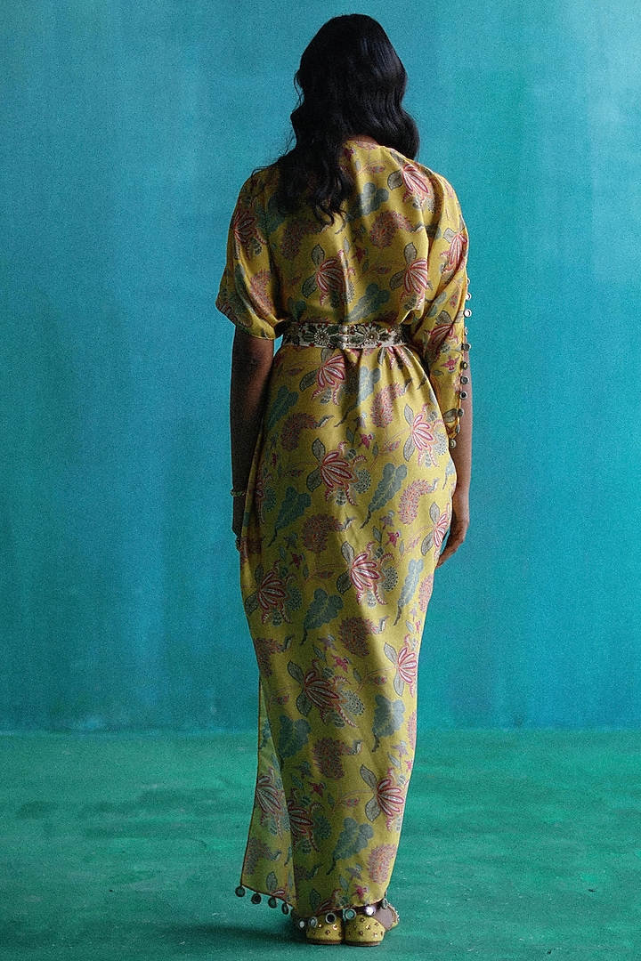 Yellow Satin Printed Cowl Vacation Dress With Belt by Sufna by Vanshika Gupta at Pernia's Pop Up Shop