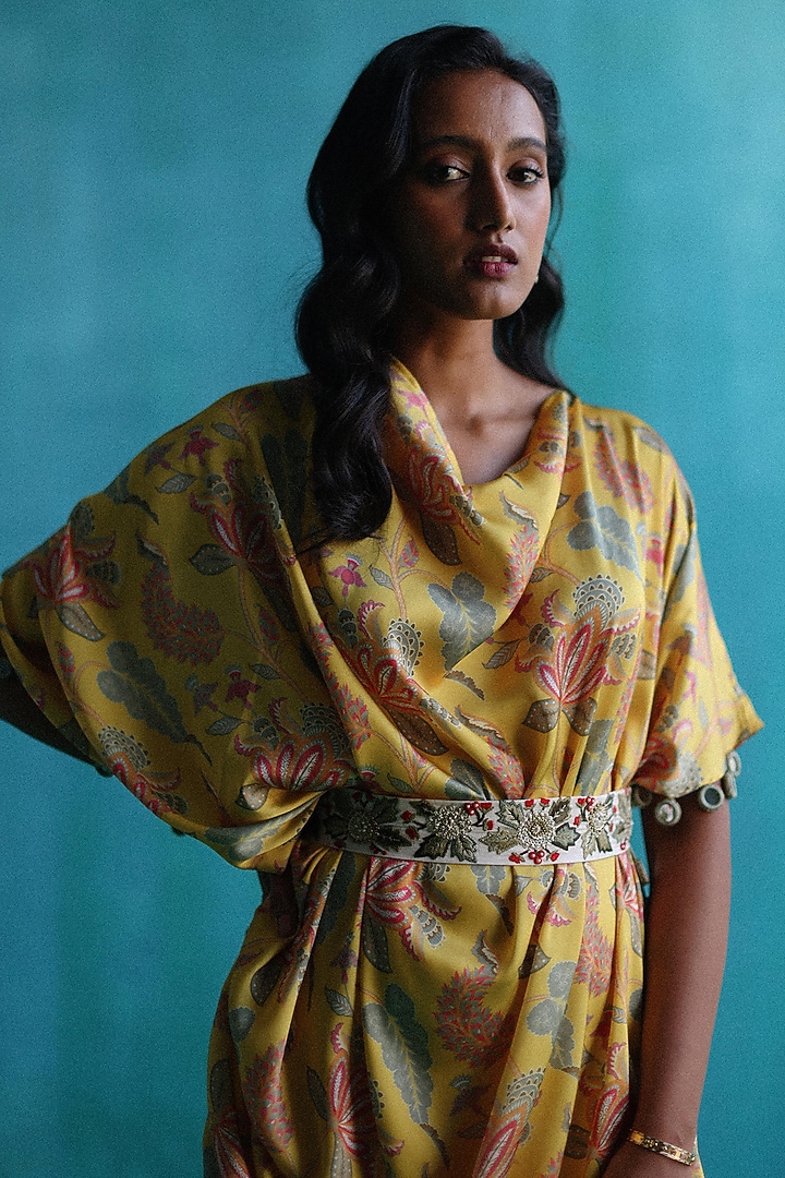 Yellow Satin Printed Cowl Vacation Dress With Belt by Sufna by Vanshika Gupta at Pernia's Pop Up Shop