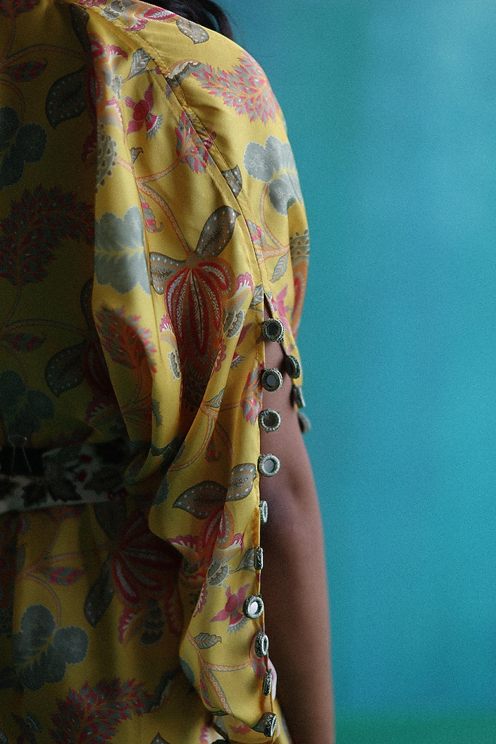 Yellow Satin Printed Cowl Vacation Dress With Belt by Sufna by Vanshika Gupta at Pernia's Pop Up Shop
