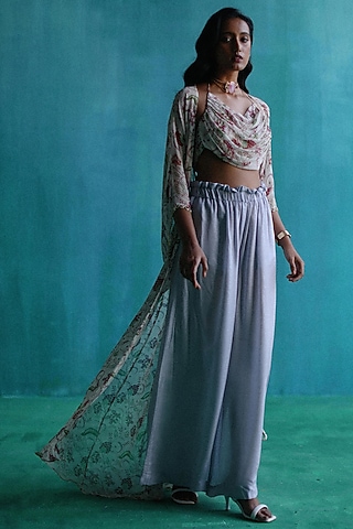Grey Georgette Printed Cape Set by Sufna by Vanshika Gupta