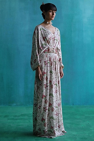 White Satin Printed Kaftan by Sufna by Vanshika Gupta