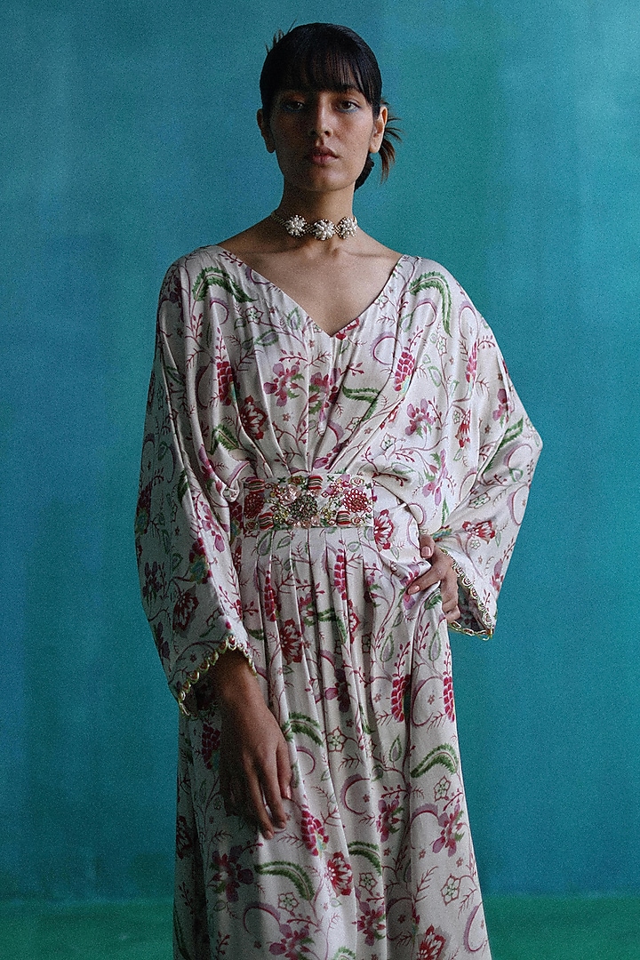 White Satin Printed Kaftan by Sufna by Vanshika Gupta at Pernia's Pop Up Shop