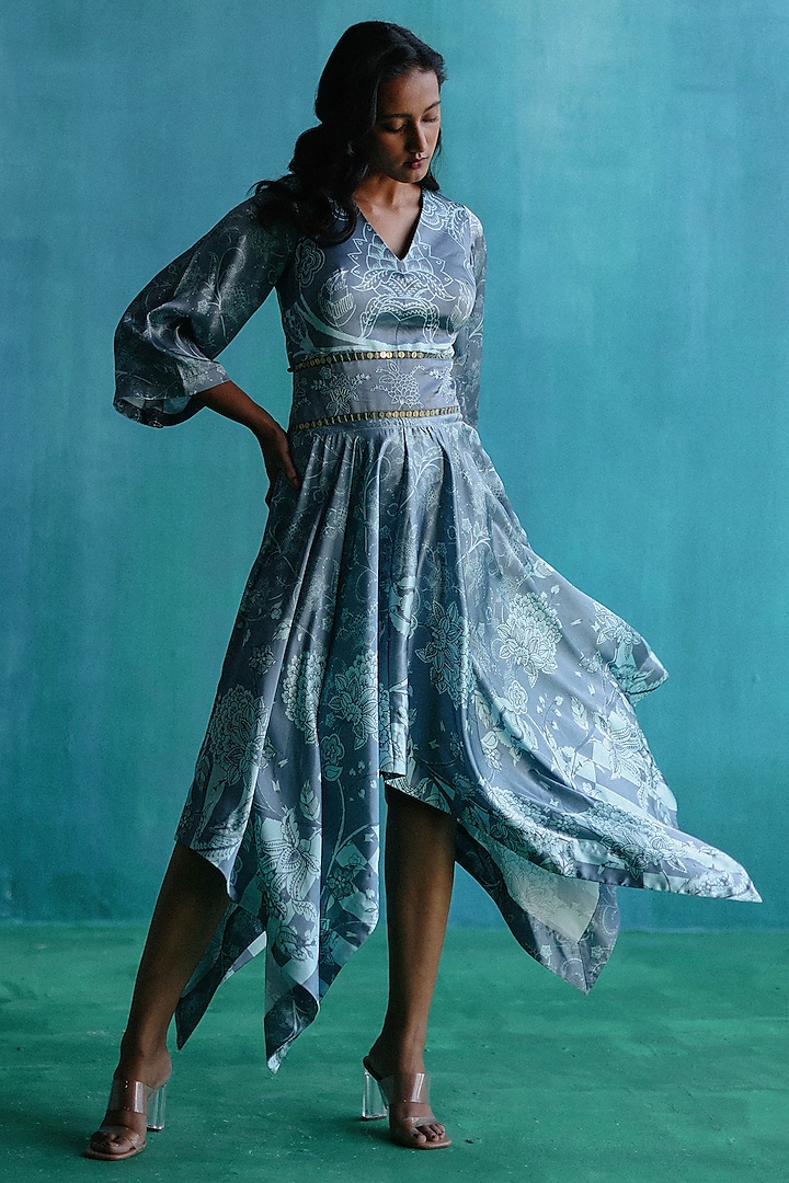 Grey Satin Printed Handkerchief Dress by Sufna by Vanshika Gupta