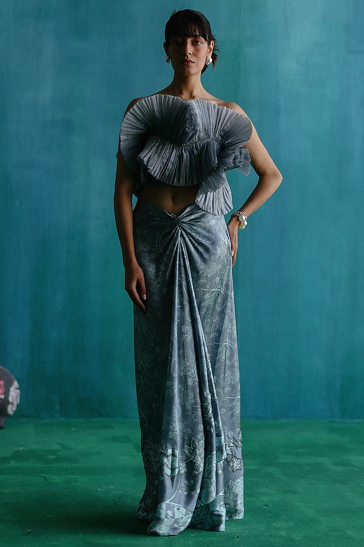 Grey Satin Printed Draped Skirt Set by Sufna by Vanshika Gupta