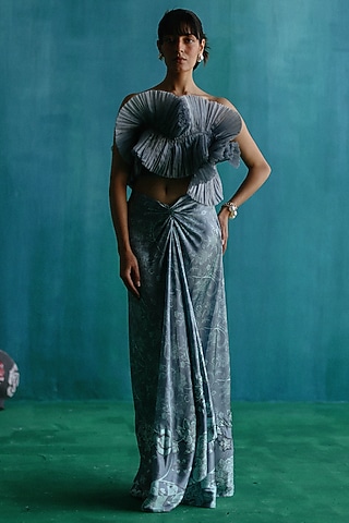 Grey Satin Printed Draped Skirt Set by Sufna by Vanshika Gupta