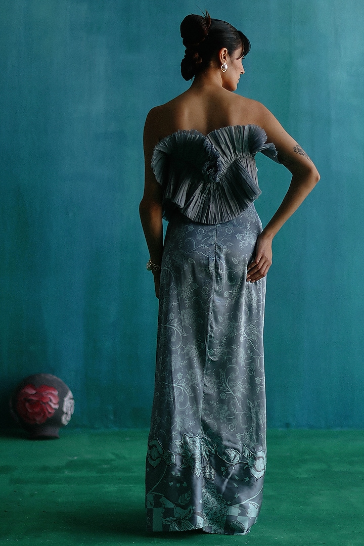 Grey Satin Printed Draped Skirt Set by Sufna by Vanshika Gupta at Pernia's Pop Up Shop