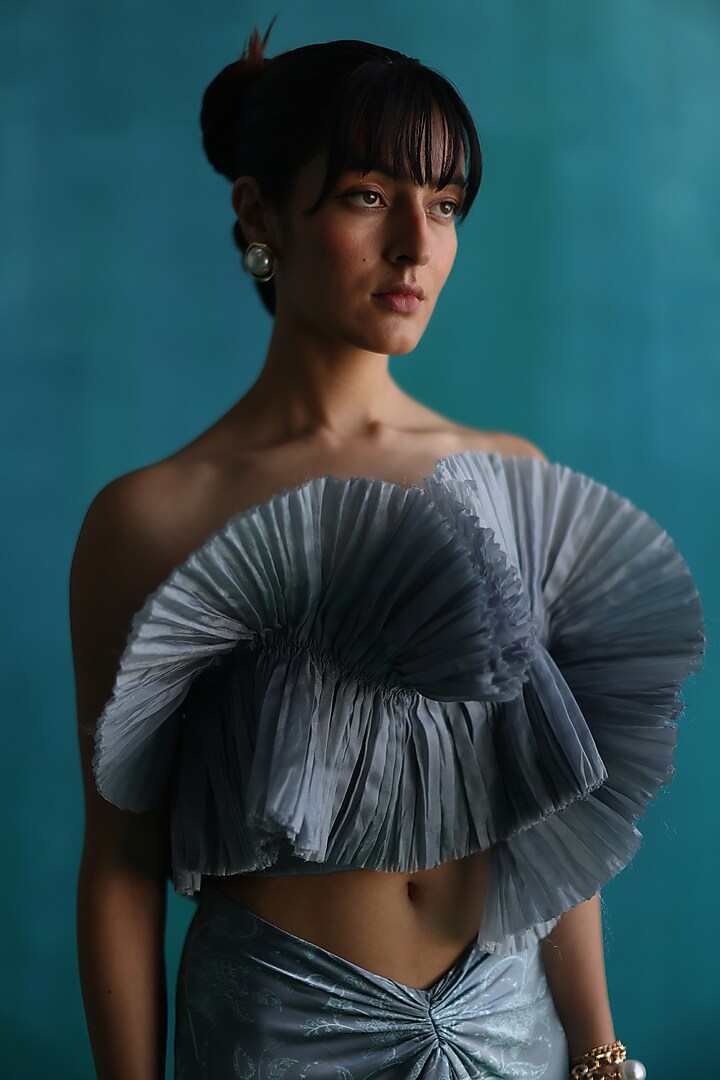 Grey Satin Printed Draped Skirt Set by Sufna by Vanshika Gupta at Pernia's Pop Up Shop