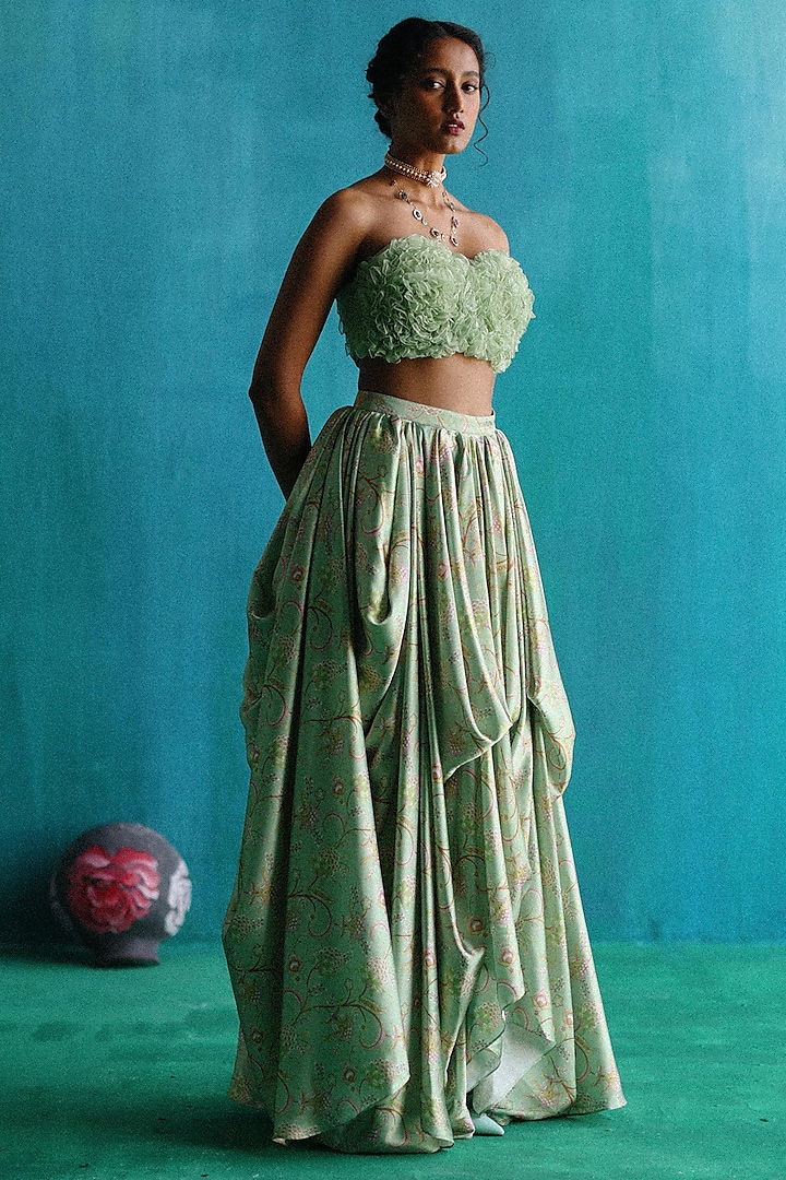 Green Satin Printed Draped Skirt Set by Sufna by Vanshika Gupta