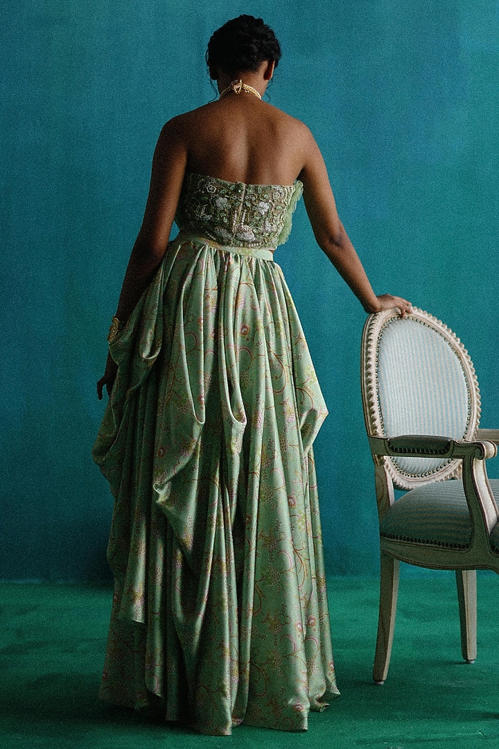 Green Satin Printed Draped Skirt Set by Sufna by Vanshika Gupta at Pernia's Pop Up Shop