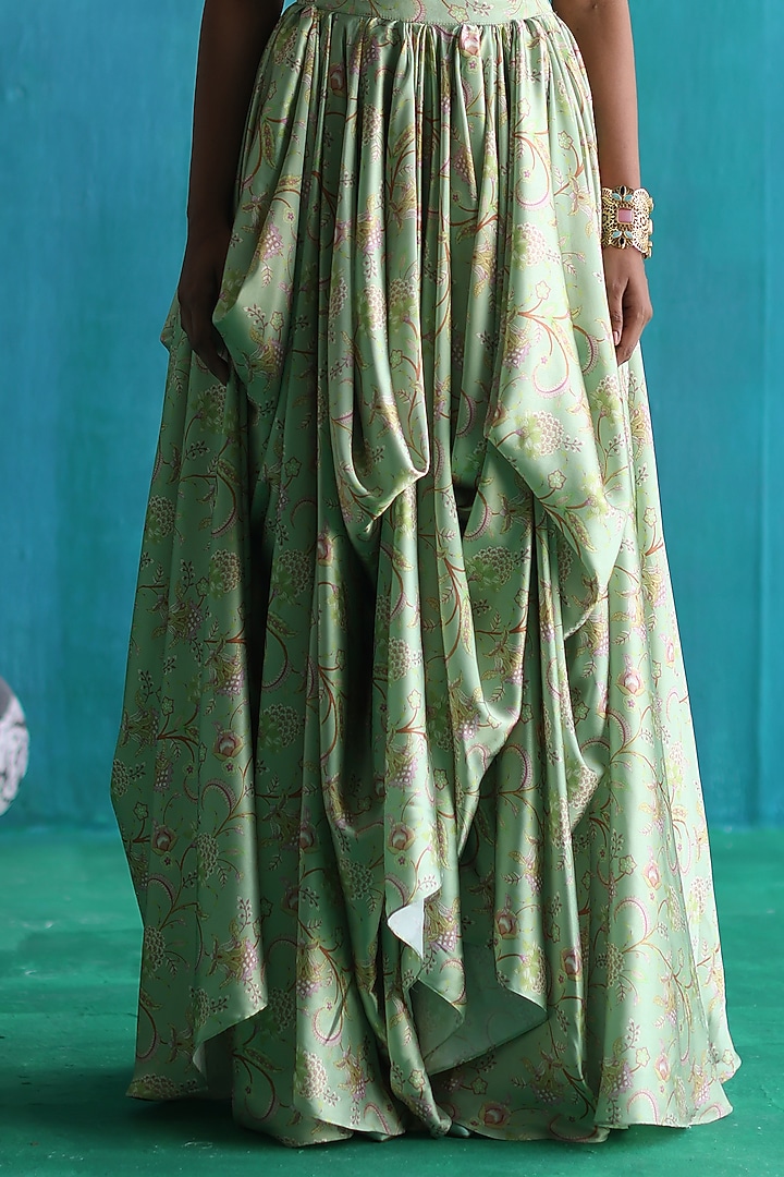 Green Satin Printed Draped Skirt Set by Sufna by Vanshika Gupta at Pernia's Pop Up Shop