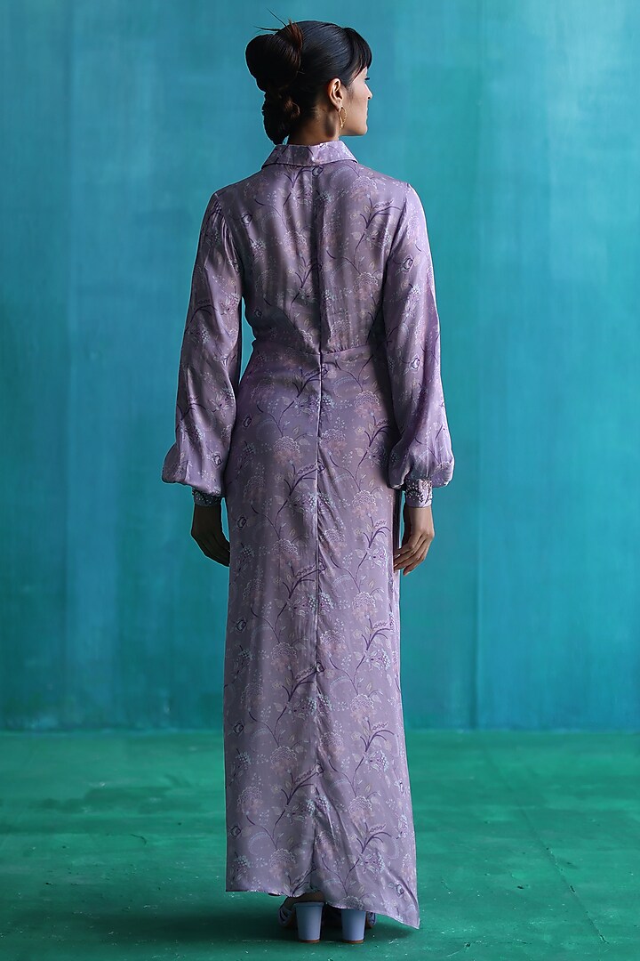Purple Satin Printed Draped Vacation Dress by Sufna by Vanshika Gupta at Pernia's Pop Up Shop