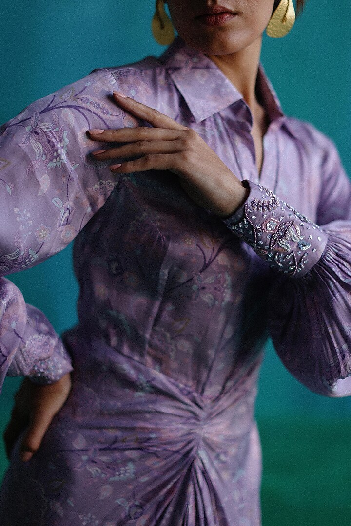 Purple Satin Printed Draped Vacation Dress by Sufna by Vanshika Gupta at Pernia's Pop Up Shop