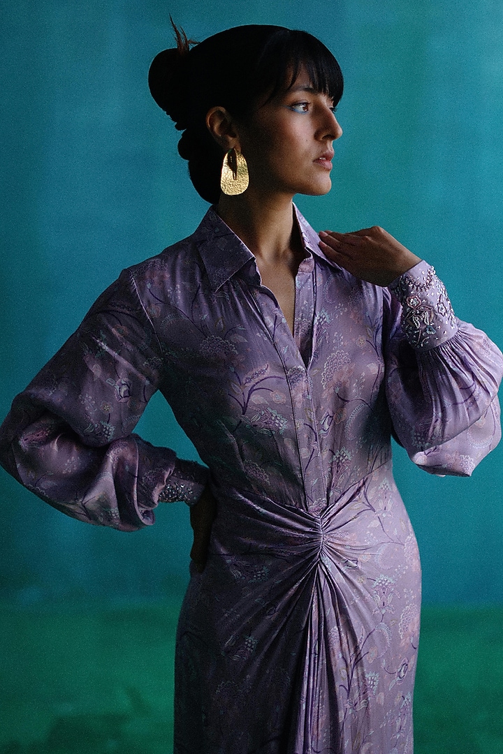 Purple Satin Printed Draped Vacation Dress by Sufna by Vanshika Gupta at Pernia's Pop Up Shop