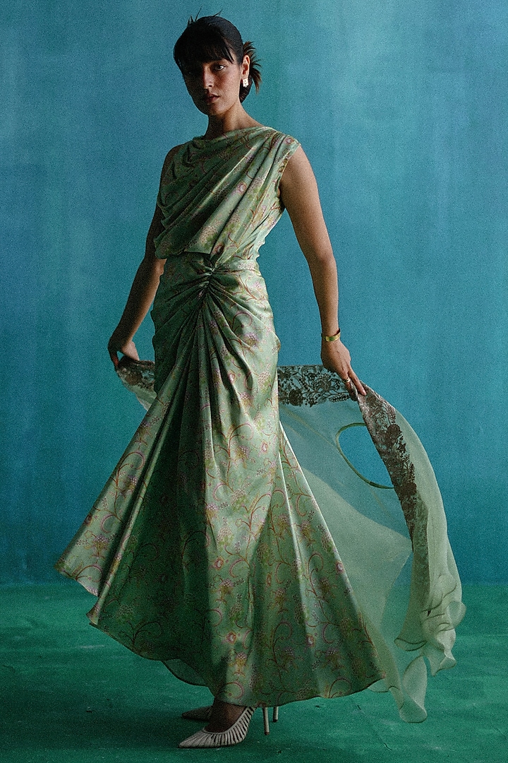 Green Satin Printed Jacket Draped Dress by Sufna by Vanshika Gupta