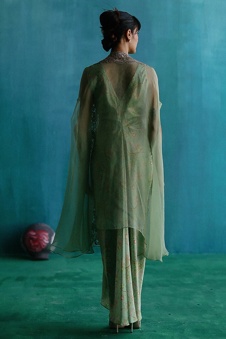 Green Satin Printed Jacket Draped Vacation Dress by Sufna by Vanshika Gupta at Pernia's Pop Up Shop