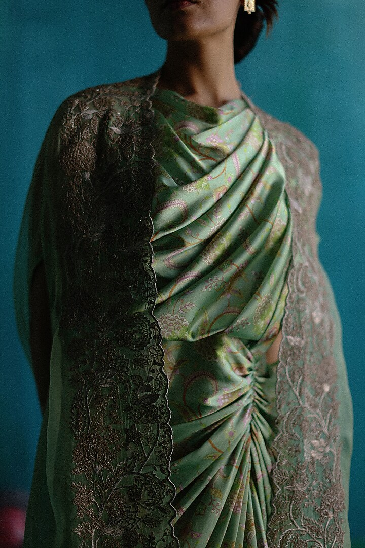 Green Satin Printed Jacket Draped Vacation Dress by Sufna by Vanshika Gupta at Pernia's Pop Up Shop
