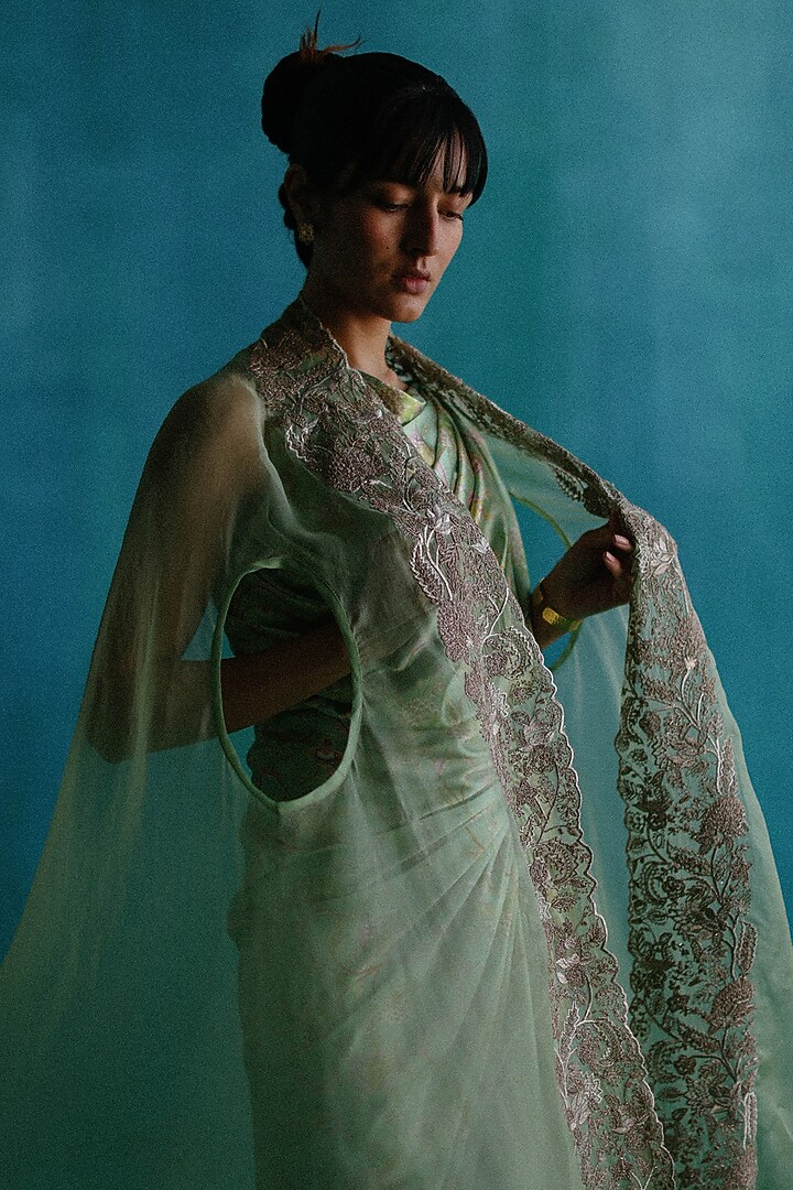 Green Satin Printed Jacket Draped Vacation Dress by Sufna by Vanshika Gupta at Pernia's Pop Up Shop