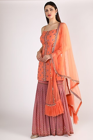 Coral Block Printed Sharara Set by Surbhi Gupta