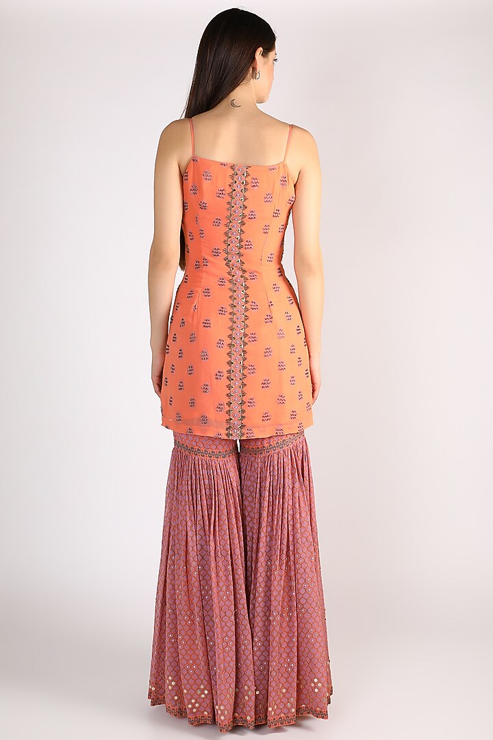 Coral Block Printed Wedding Sharara Set by Surbhi Gupta at Pernia's Pop Up Shop