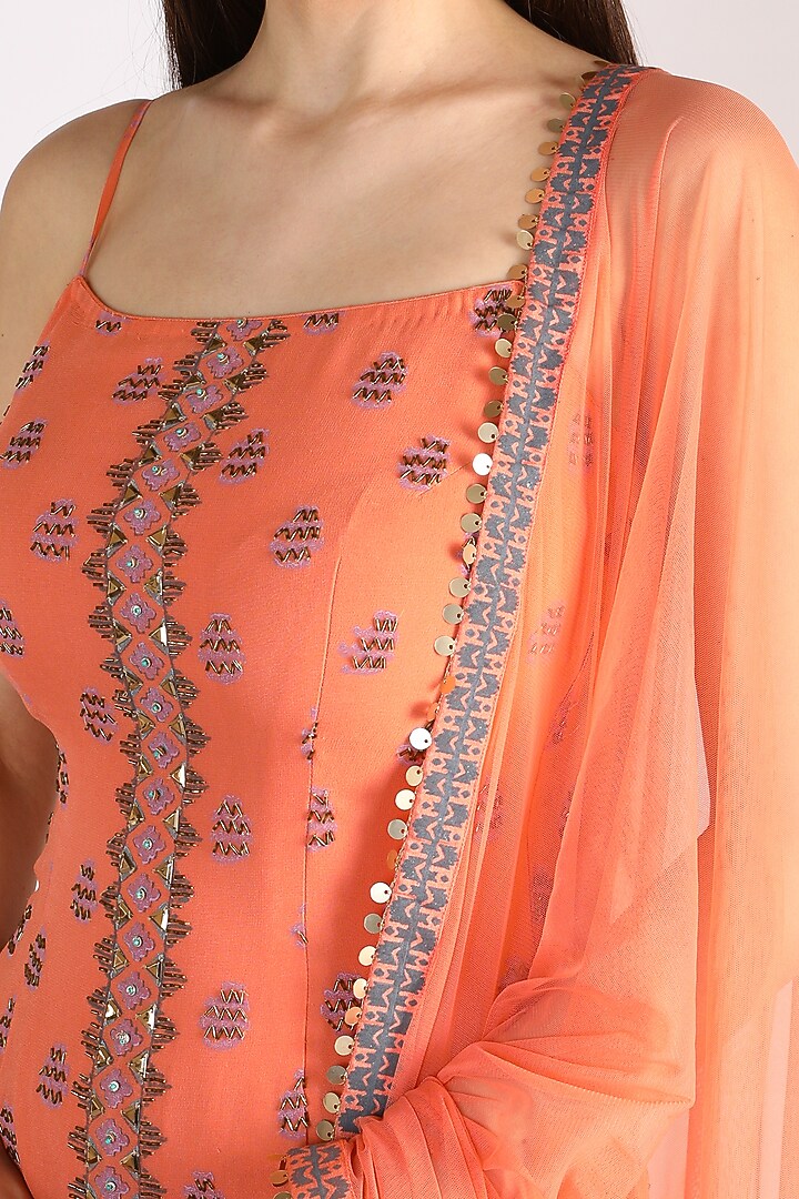 Coral Block Printed Wedding Sharara Set by Surbhi Gupta at Pernia's Pop Up Shop
