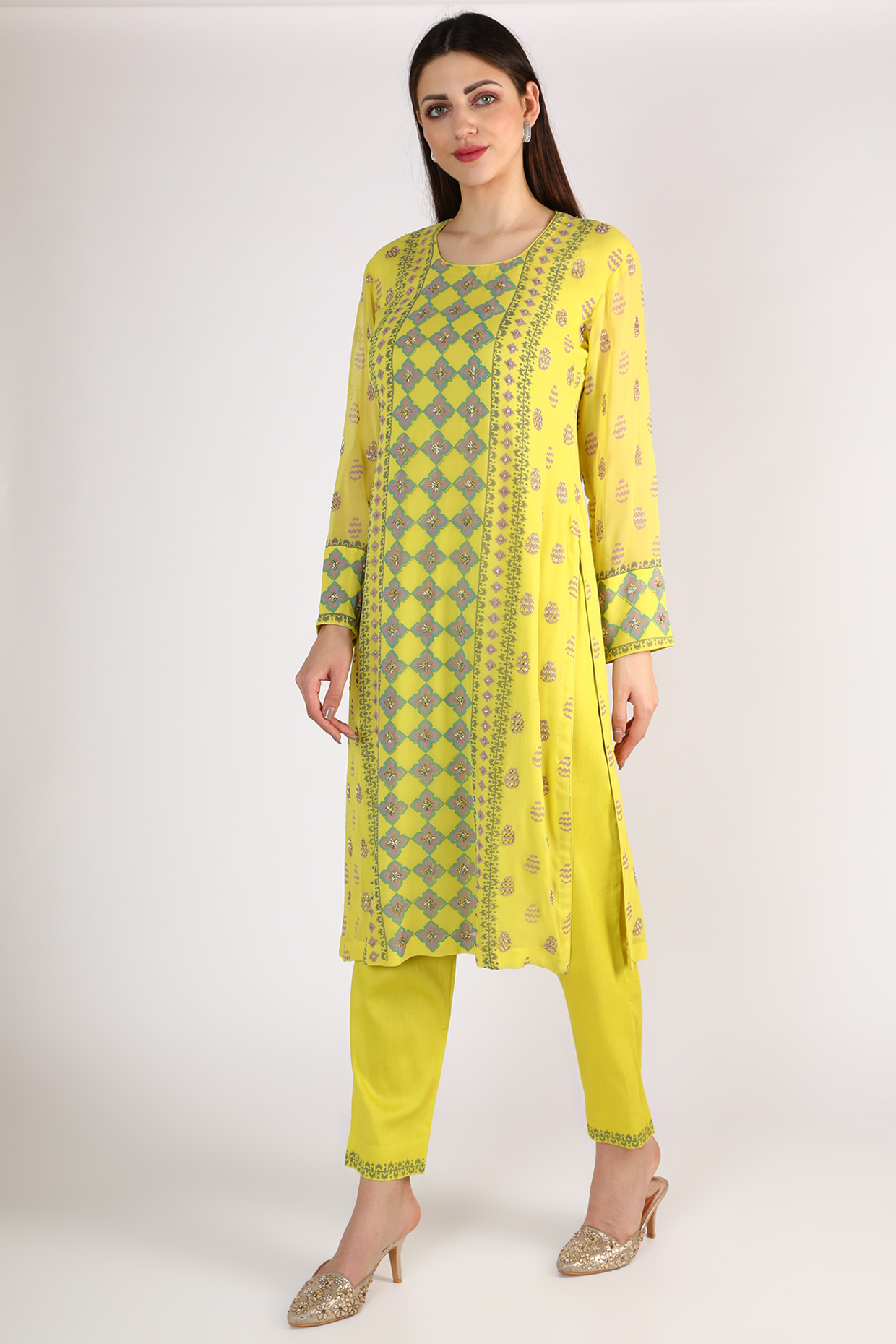 Lime Yellow Block Printed & Hand Embellished Kurta Set by Surbhi Gupta at Pernia's Pop Up Shop
