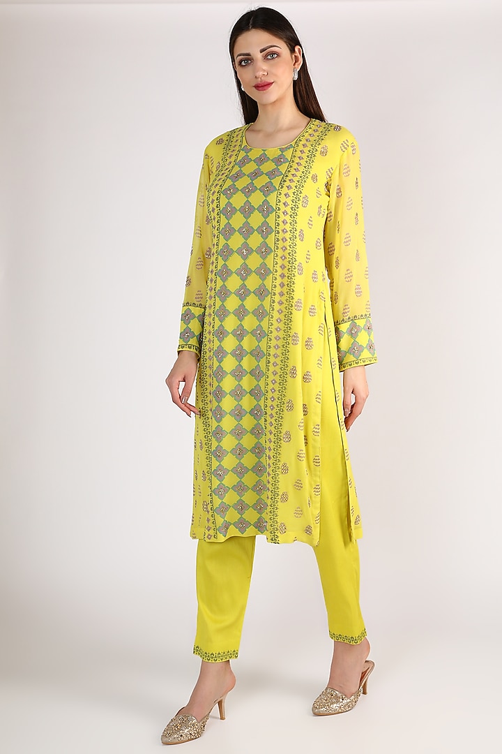 Lime Yellow Block Printed & Hand Embellished Kurta Set by Surbhi Gupta at Pernia's Pop Up Shop