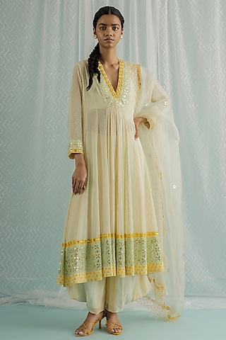 Ivory Georgette Printed & Embroidered Anarkali Set by Surbhi Gupta