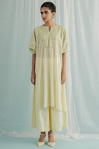 Ivory Georgette Printed & Embroidered Kurta Set by Surbhi Gupta