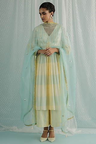Ivory Georgette Printed & Embroidered Kurta Set by Surbhi Gupta