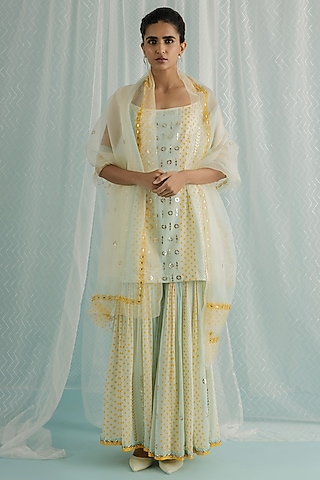 Ivory Georgette Printed & Embroidered Sharara Set by Surbhi Gupta