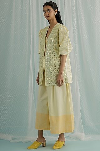 Ivory Cotton Silk Printed & Embroidered Jacket Set by Surbhi Gupta
