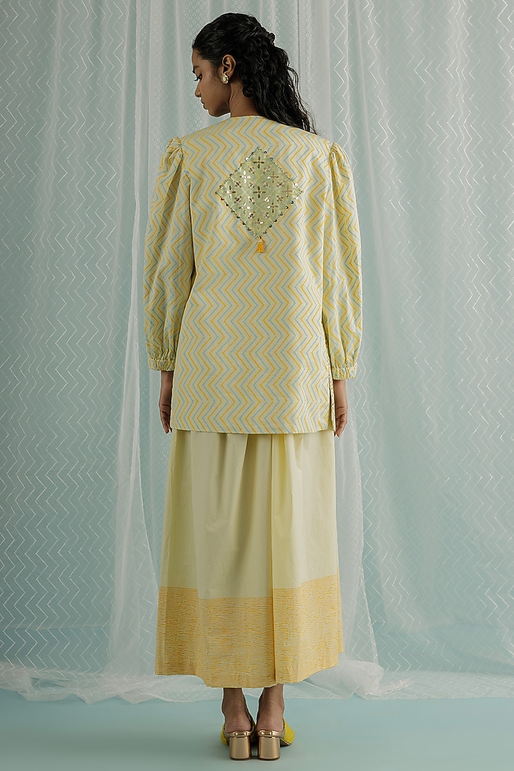 Ivory Cotton Silk Printed & Embroidered Jacket Set by Surbhi Gupta at Pernia's Pop Up Shop