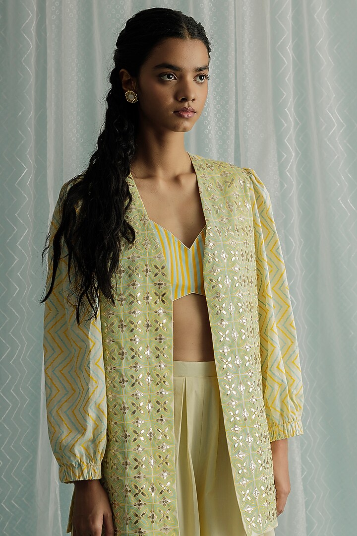 Ivory Cotton Silk Printed & Embroidered Jacket Set by Surbhi Gupta at Pernia's Pop Up Shop