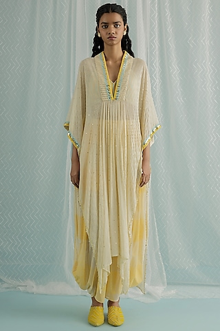Ivory Georgette Printed & Embroidered Kaftan Set by Surbhi Gupta