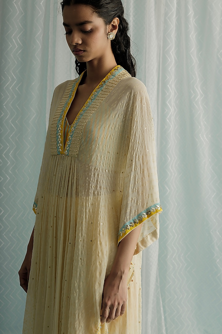 Ivory Georgette Printed & Embroidered Kaftan Set by Surbhi Gupta at Pernia's Pop Up Shop