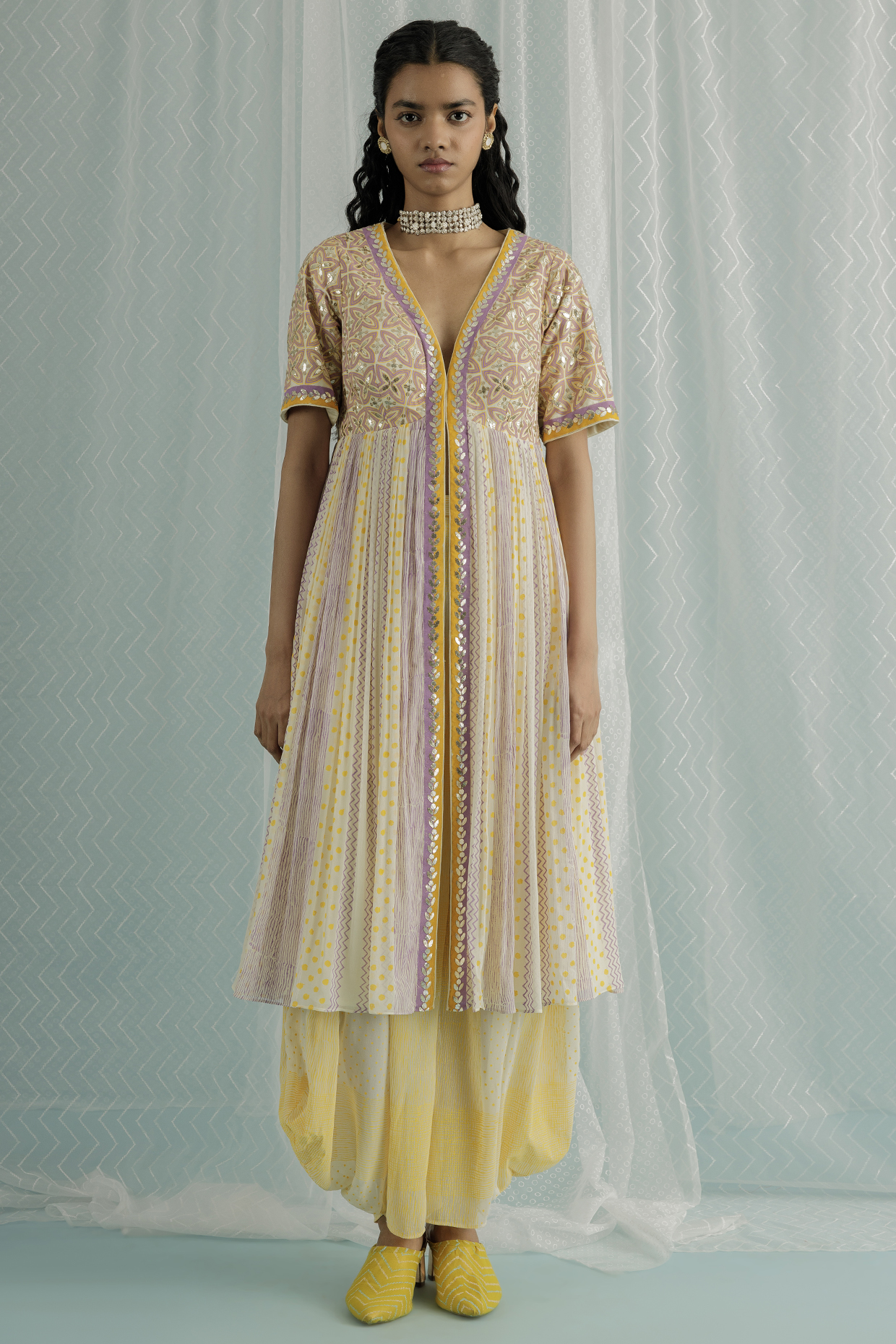 Ivory Georgette Printed & Embroidered Kurta Set by Surbhi Gupta