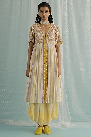 Ivory Georgette Printed & Embroidered Kurta Set by Surbhi Gupta