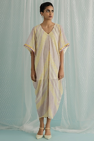 Ivory Georgette Printed & Embroidered Dress by Surbhi Gupta