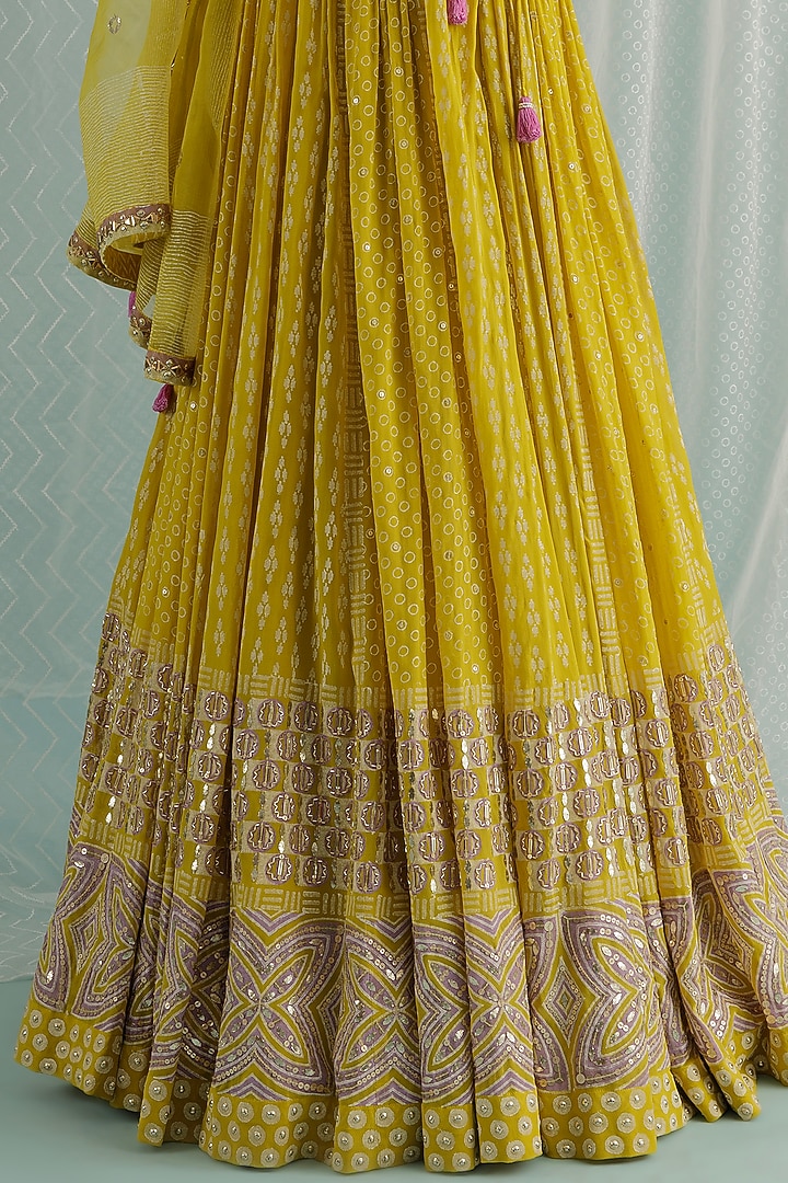 Canary Georgette Printed & Embroidered Wedding Lehenga Set by Surbhi Gupta at Pernia's Pop Up Shop