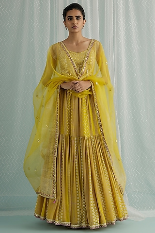 Canary Georgette Printed & Embroidered Lehenga Set by Surbhi Gupta