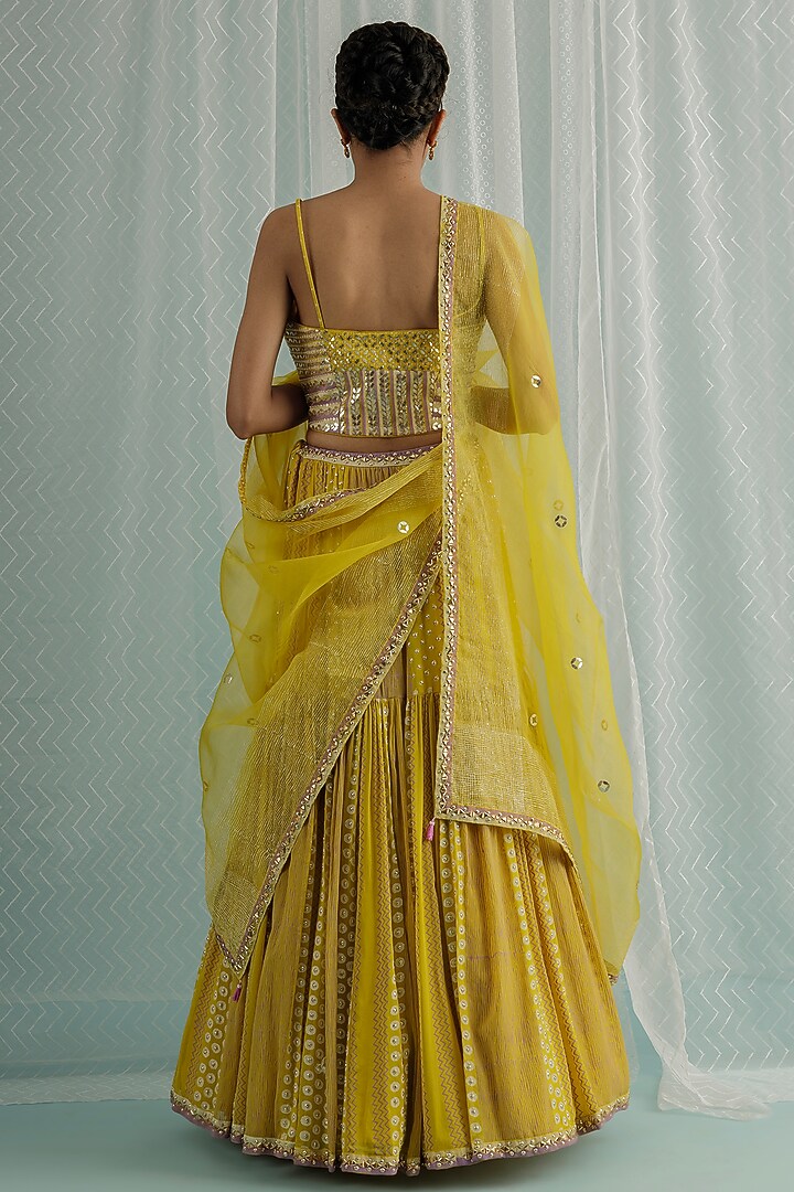 Canary Georgette Printed & Embroidered Lehenga Set by Surbhi Gupta at Pernia's Pop Up Shop