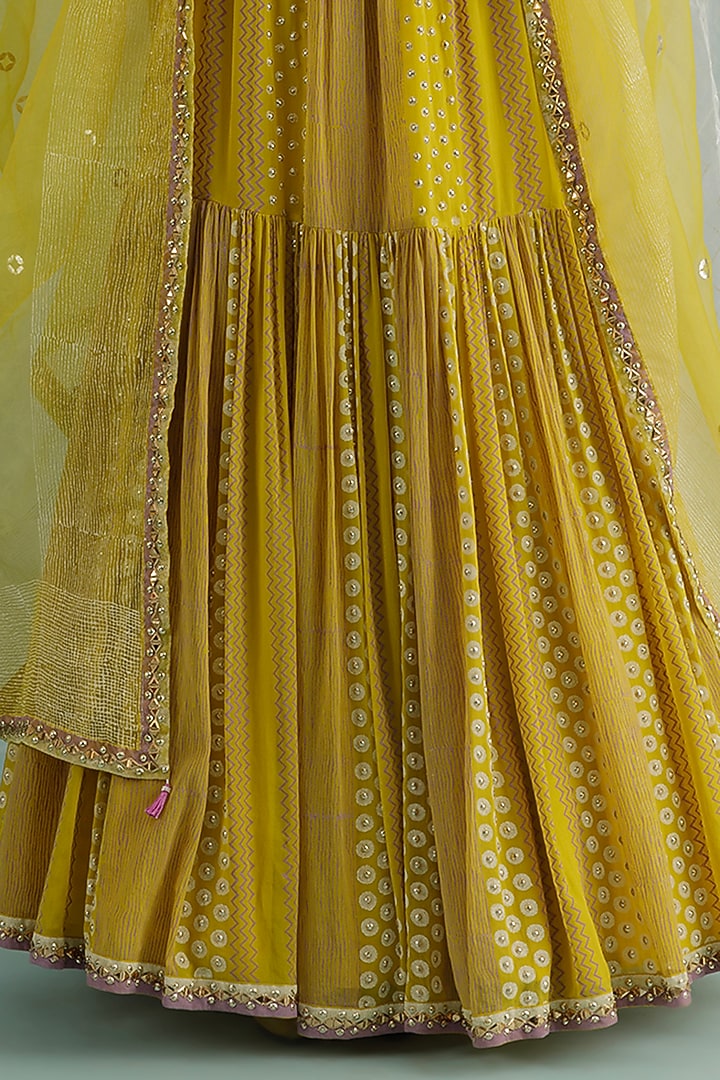 Canary Georgette Printed & Embroidered Lehenga Set by Surbhi Gupta at Pernia's Pop Up Shop