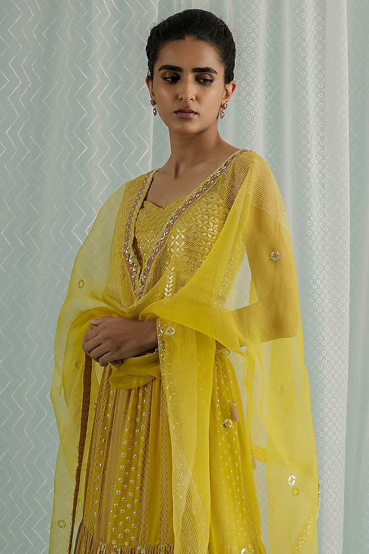 Canary Georgette Printed & Embroidered Lehenga Set by Surbhi Gupta at Pernia's Pop Up Shop