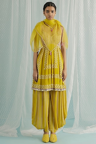 Canary Georgette Printed & Embroidered Kurta Set by Surbhi Gupta